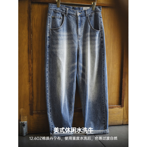 馬登工裝美式休閒水洗牛仔褲復古貓須磨白丹甯純棉直筒褲子男春季