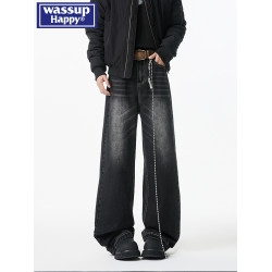 wassup happy牛仔褲男款春秋冬潮牌痞帥水洗直筒加絨大碼濶腿長褲