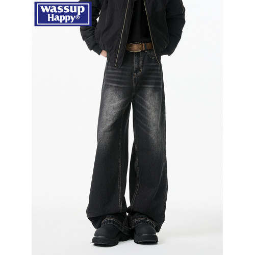 wassup happy牛仔褲男款春秋冬潮牌痞帥水洗直筒加絨大碼濶腿長褲