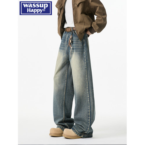 wassup happy牛仔褲男款春秋冬潮牌痞帥水洗直筒加絨大碼濶腿長褲