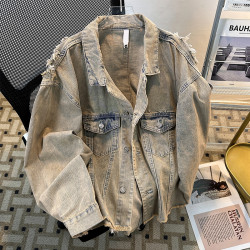 春秋破洞牛仔外套男毛邊水洗日系復古美式高級感痞帥寬鬆做舊夾克