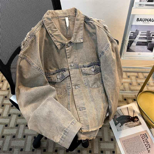 春秋破洞牛仔外套男毛邊水洗日系復古美式高級感痞帥寬鬆做舊夾克