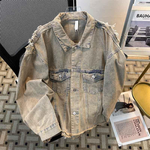 春秋破洞牛仔外套男毛邊水洗日系復古美式高級感痞帥寬鬆做舊夾克