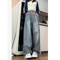 藍色松緊腰微喇牛仔褲男女款秋季美式水洗復古褲子直筒濶腿彎刀褲