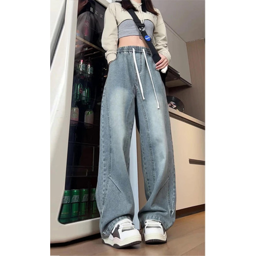 藍色松緊腰微喇牛仔褲男女款秋季美式水洗復古褲子直筒濶腿彎刀褲