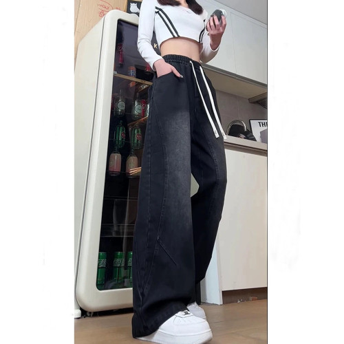 藍色松緊腰微喇牛仔褲男女款秋季美式水洗復古褲子直筒濶腿彎刀褲