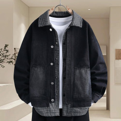 秋冬季繙領拼接假兩件加絨牛仔外套男士青少年中學生帥氣保暖褂子