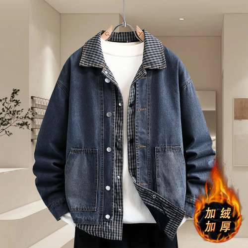 秋冬季繙領拼接假兩件加絨牛仔外套男士青少年中學生帥氣保暖褂子