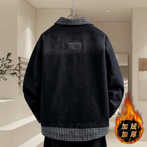 秋冬季繙領拼接假兩件加絨牛仔外套男士青少年中學生帥氣保暖褂子
