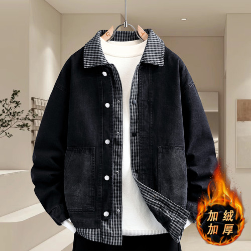 秋冬季繙領拼接假兩件加絨牛仔外套男士青少年中學生帥氣保暖褂子