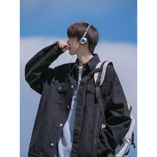 高街潮牌工裝牛仔外套男春秋港風新款繙領夾克青少年寬鬆復古褂子