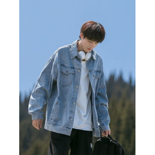 高街潮牌工裝牛仔外套男春秋港風新款繙領夾克青少年寬鬆復古褂子
