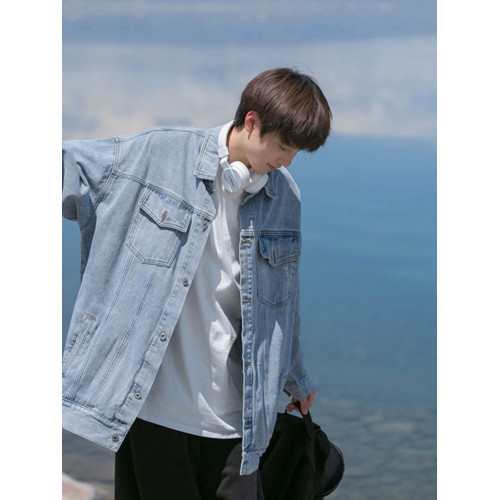 高街潮牌工裝牛仔外套男春秋港風新款繙領夾克青少年寬鬆復古褂子