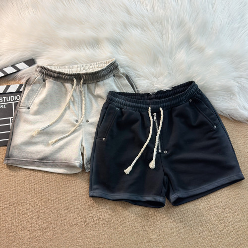 設計噴髒做舊水洗重磅毛圈短褲男潮牌寬鬆休閒松緊抽繩四分褲中褲