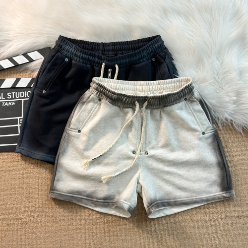 設計噴髒做舊水洗重磅毛圈短褲男潮牌寬鬆休閒松緊抽繩四分褲中褲