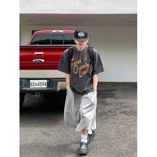 灰色A字型濶腿七分短褲男春秋新款港風掐褶街頭嘻哈潮流大休閒褲