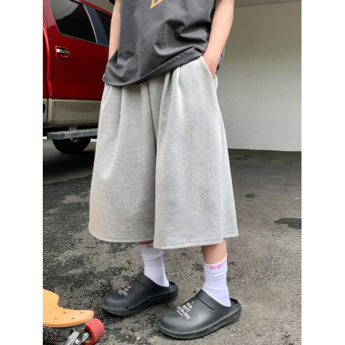 灰色A字型濶腿七分短褲男春秋新款港風掐褶街頭嘻哈潮流大休閒褲