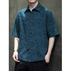 國潮夏季薄款提花金屬釦短袖襯衫新中式寬鬆大碼繙領半袖上衣T恤