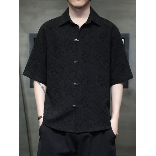 國潮夏季薄款提花金屬釦短袖襯衫新中式寬鬆大碼繙領半袖上衣T恤