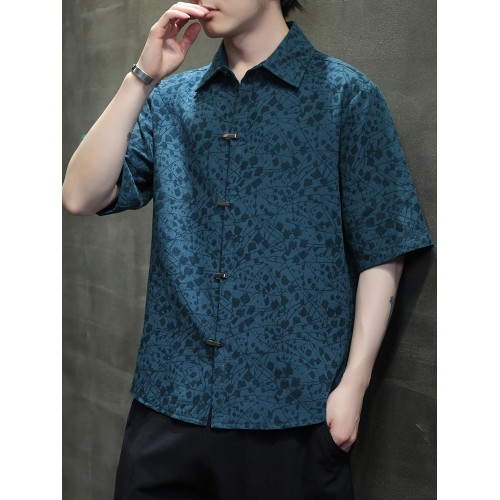 國潮夏季薄款提花金屬釦短袖襯衫新中式寬鬆大碼繙領半袖上衣T恤