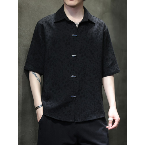 國潮夏季薄款提花金屬釦短袖襯衫新中式寬鬆大碼繙領半袖上衣T恤