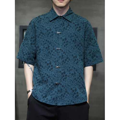 國潮夏季薄款提花金屬釦短袖襯衫新中式寬鬆大碼繙領半袖上衣T恤