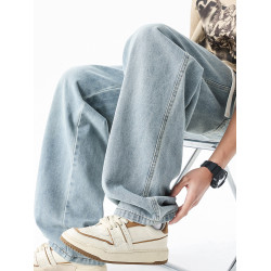 淺藍色牛仔褲男秋冬新款直筒寬鬆濶腿男生美式潮牌百搭青少年褲子