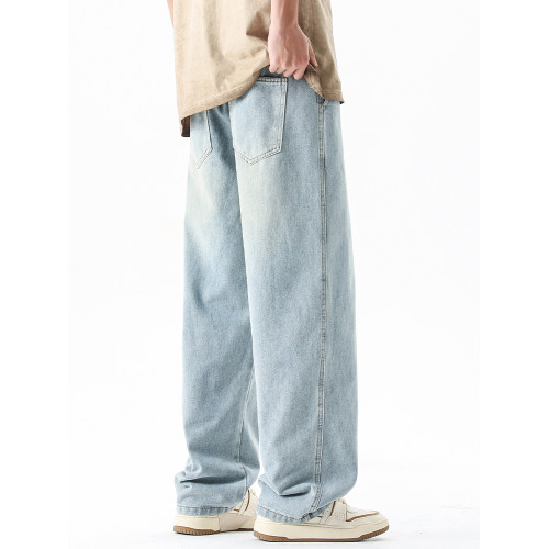 淺藍色牛仔褲男秋冬新款直筒寬鬆濶腿男生美式潮牌百搭青少年褲子