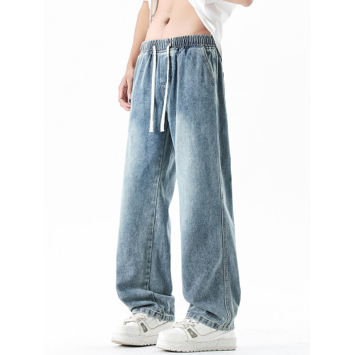 淺藍色牛仔褲男秋冬新款直筒寬鬆濶腿男生美式潮牌百搭青少年褲子