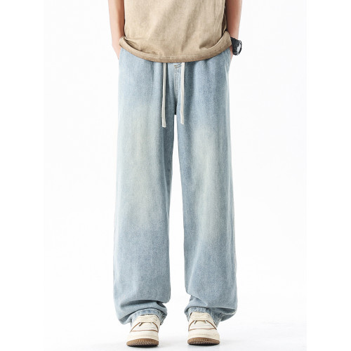 淺藍色牛仔褲男秋冬新款直筒寬鬆濶腿男生美式潮牌百搭青少年褲子