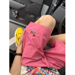 粉色多巴胺速乾短褲男夏季外穿小狗刺綉沙灘褲子冰絲休閒五分中褲