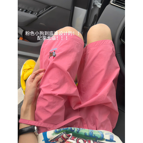 粉色多巴胺速乾短褲男夏季外穿小狗刺綉沙灘褲子冰絲休閒五分中褲