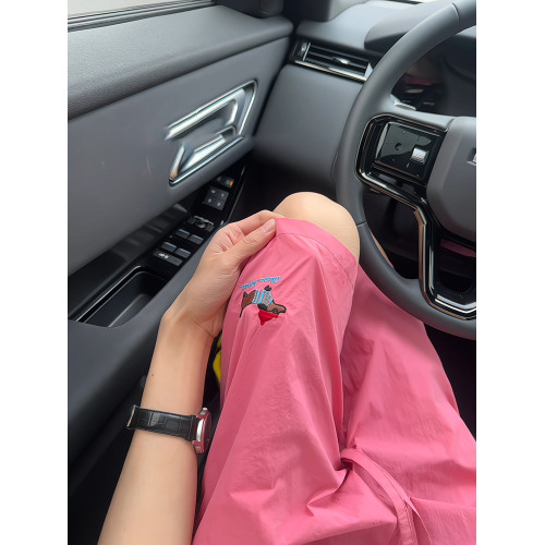 粉色多巴胺速乾短褲男夏季外穿小狗刺綉沙灘褲子冰絲休閒五分中褲