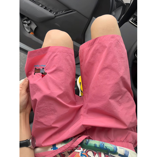 粉色多巴胺速乾短褲男夏季外穿小狗刺綉沙灘褲子冰絲休閒五分中褲