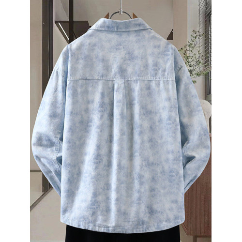 藍色紥染長袖襯衫男2025新款潮流休閒刺綉襯衣外套青少年春秋夾克