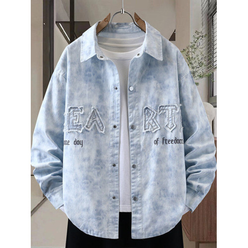 藍色紥染長袖襯衫男2025新款潮流休閒刺綉襯衣外套青少年春秋夾克