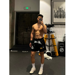 美式復古貼布刺綉圖案美式短褲夏季雙層網眼透氣抽繩四分運動褲潮