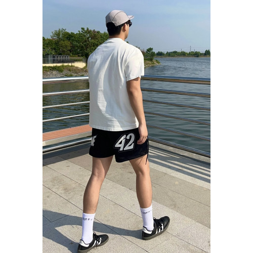 美式復古貼布刺綉圖案美式短褲夏季雙層網眼透氣抽繩四分運動褲潮