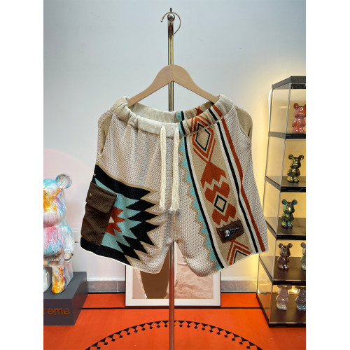 馬登美式復古納瓦霍針織短褲男款夏季網眼五分褲撞色刺綉休閒褲子