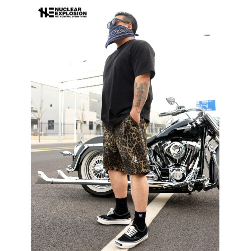 核爆炸夏季潮流豹紋迷彩寬鬆大碼松緊腰男女美式休閒工裝五分短褲