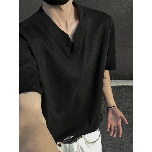 黑色重磅索羅娜t恤男款夏季cleanfit亨利V領短袖美式高街正肩半袖