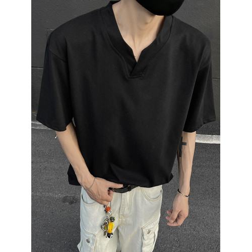 黑色重磅索羅娜t恤男款夏季cleanfit亨利V領短袖美式高街正肩半袖