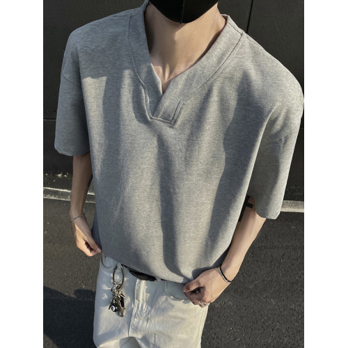 黑色重磅索羅娜t恤男款夏季cleanfit亨利V領短袖美式高街正肩半袖