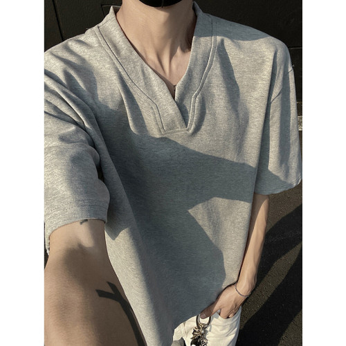 黑色重磅索羅娜t恤男款夏季cleanfit亨利V領短袖美式高街正肩半袖