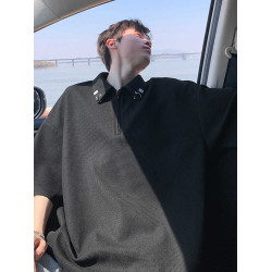 半拉鍊華夫格短袖polo衫男夏季潮牌美式衣服寬鬆潮流重磅半袖t恤