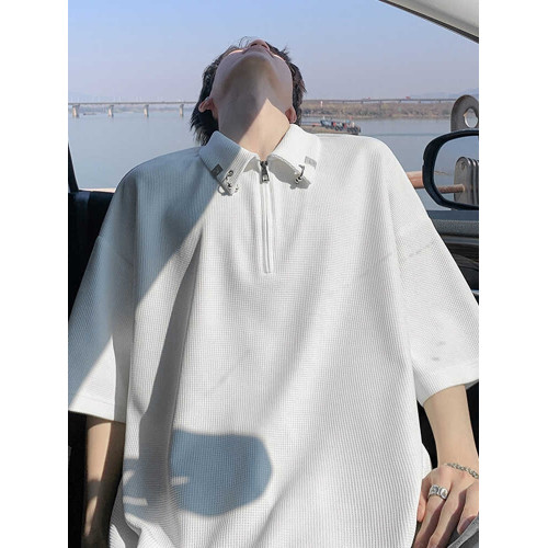 半拉鍊華夫格短袖polo衫男夏季潮牌美式衣服寬鬆潮流重磅半袖t恤