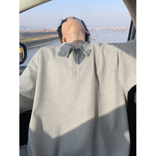 半拉鍊華夫格短袖polo衫男夏季潮牌美式衣服寬鬆潮流重磅半袖t恤