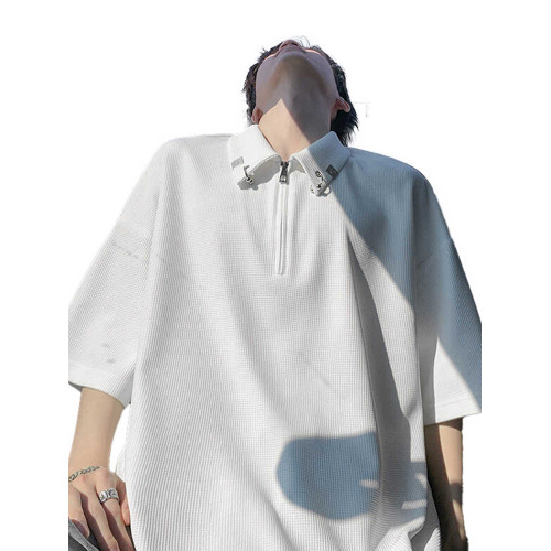 半拉鍊華夫格短袖polo衫男夏季潮牌美式衣服寬鬆潮流重磅半袖t恤