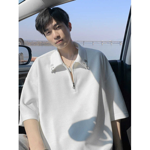 半拉鍊華夫格短袖polo衫男夏季潮牌美式衣服寬鬆潮流重磅半袖t恤