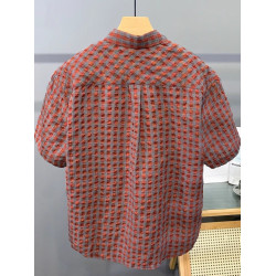 ~專櫃撿漏撞色格子襯衫男士夏季新款短袖泡泡紗襯衣休閒上衣